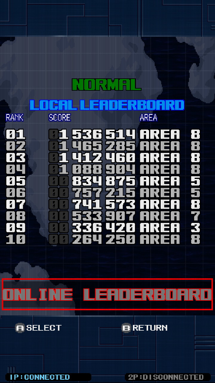 Screenshot: Missile Dancer local leaderboards of Arcade mode at Normal difficulty showing the stage-by-stage scoring details